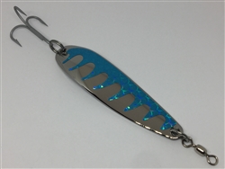 1L oz. Long Silver Gator Casting Spoon with Sky Blue tape.