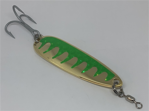 b>1 oz. Gold Gator Casting Spoon Lime Green Tape - Treble Hook</b>