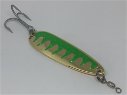 <b>1 1/2 oz. Gold Gator Casting Spoon Lime Green Tape - Treble Hook</b>