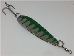 1 1/2L oz. Long Silver Gator Casting Spoon with Emerald tape.