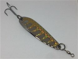 1 1/2L oz. Long Silver Gator Casting Spoon with Gold tape.