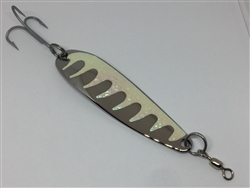 1 1/2L oz. Long Silver Gator Casting Spoon with Glow Ice tape.