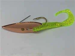 1/4 oz. Copper Gator Weedless Spoon - Chartreuse Worm Trailer.