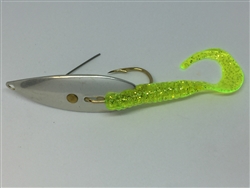 1/4 oz. Matte Silver Gator Weedless Spoon - Chartreuse Worm Trailer.