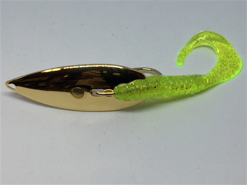b>1/4 oz. Gold Gator Weedless Spoon - Chartreuse Worm</b>